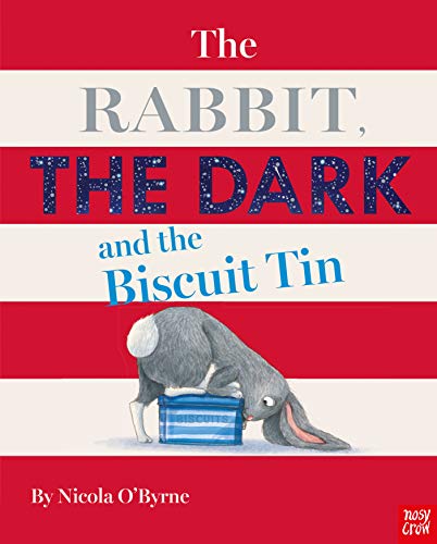 Book cover: gray rabbit investigating a blue biscuit tin, red and white stripes.