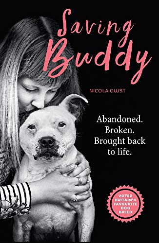 Girl hugging a pit bull type dog, book cover for "Saving Buddy".