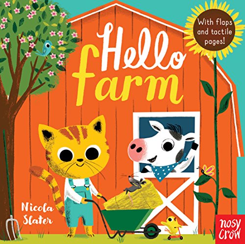 Bright orange barn book cover with a cat, cow, and chick.