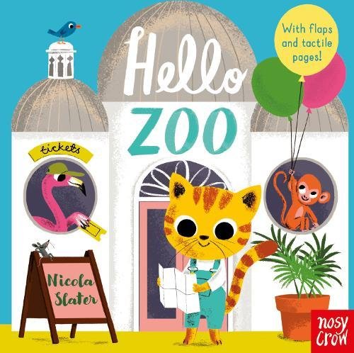 Illustrated book cover featuring a cat, flamingo, and monkey at a zoo entrance.