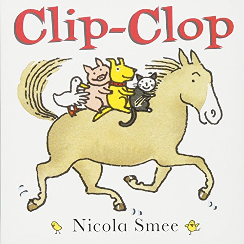 Horse carrying a duck, pig, dog, and cat in a children’s book illustration.