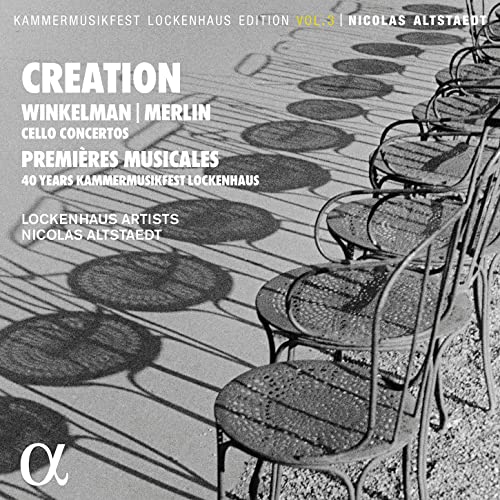 CD cover for Nicolas Altstaedt’s “Creation” with chairs in shadow.