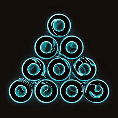A pyramid of ten glowing cyan rings against a solid black background.