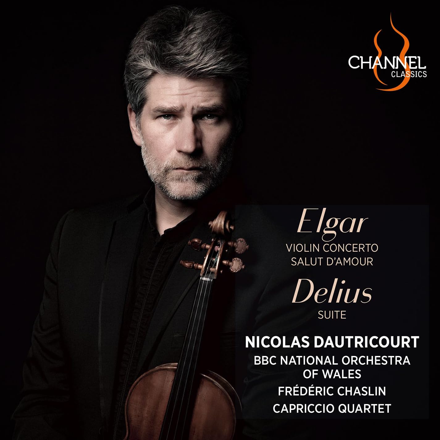 CD cover featuring violinist Nicolas Dautricourt, text listing composers Elgar and Delius.