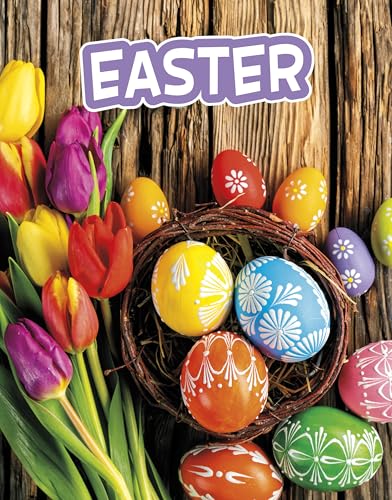 Decorated Easter eggs in a nest with colorful tulips on wood.