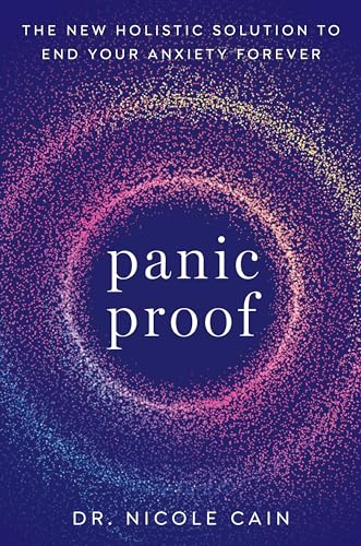 Book cover for "Panic Proof" by Dr. Nicole Cain, with colorful dots.