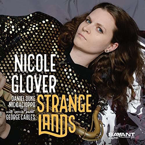 CD cover featuring Nicole Glover, a violinist, with text “Strange Lands”.