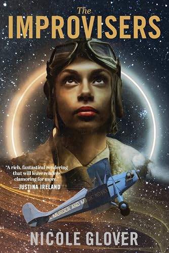 Book cover: woman in flight goggles, biplane, starry cosmic background.
