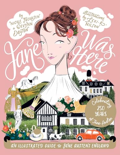 Book cover: illustrated portrait of Jane Austen with English countryside scenes.