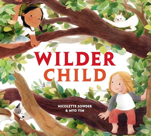 Book cover: children, a cat, and a dog amongst tree branches.