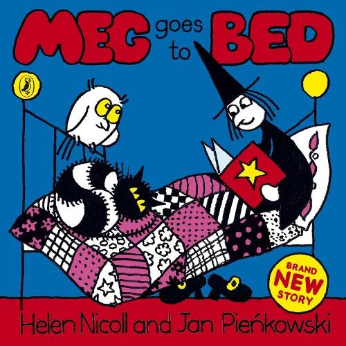 Book cover: witch reading to a cat and bird in bed.