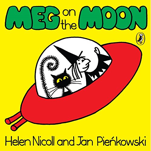 "Book cover featuring a witch, cat, and spaceship on a yellow background."