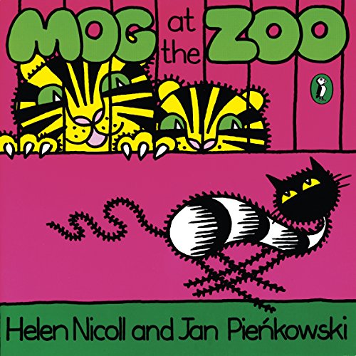 Book cover: Mog the cat at the zoo, illustrated with bold stripes.