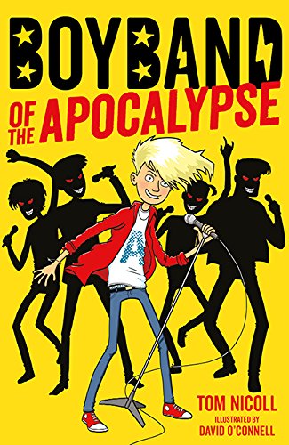 Book cover: cartoon boy with microphone, shadowed figures, yellow background.