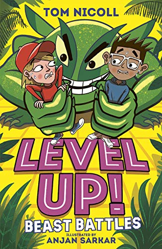 Book cover: two children gripped by a large, green, cartoon monster.