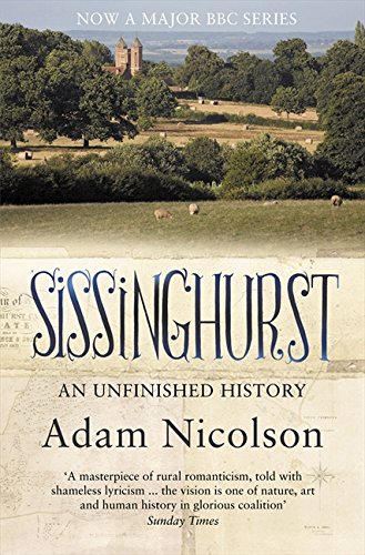 Book cover featuring a landscape of Sissinghurst castle, trees, and sheep over a map background.