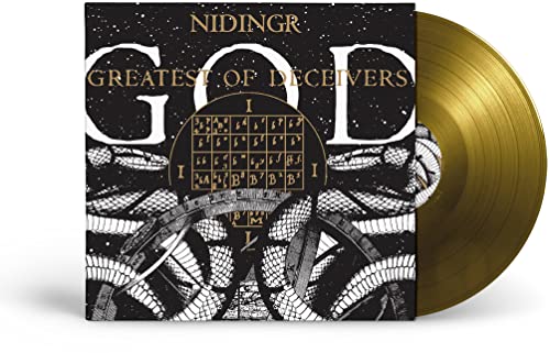 Nidingr album cover with gold vinyl record, intricate snake design.