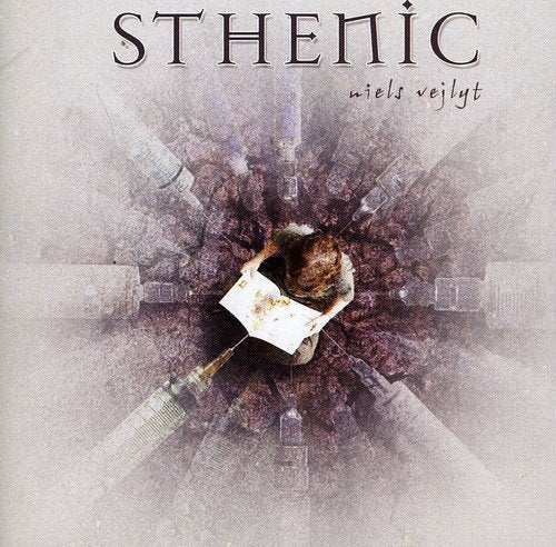 Album cover for Niels Vejlyt’s “Sthenic” featuring a central figure and syringes.