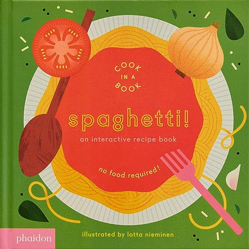 Green book cover with illustrated spaghetti, tomato, onion, and fork.