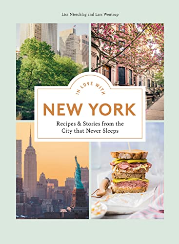 Cookbook cover featuring New York City landmarks, food, and street scenes.