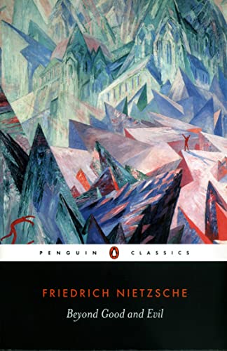 Book cover: "Beyond Good and Evil" with abstract, icy mountain landscape.