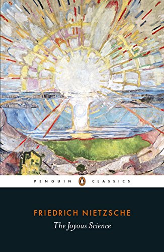 The image depicts a book cover with an abstract landscape painting and text. "Book cover with abstract landscape, sunburst, and author name 'FRIEDRICH NIETZSCHE' at the bottom."