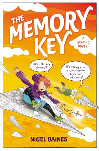 Book cover: two children flying on a paper airplane with a glowing key.