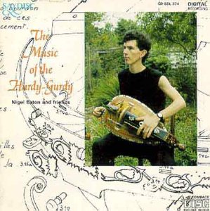 Hurdy-gurdy album cover with a man holding the instrument, surrounded by sketch designs.