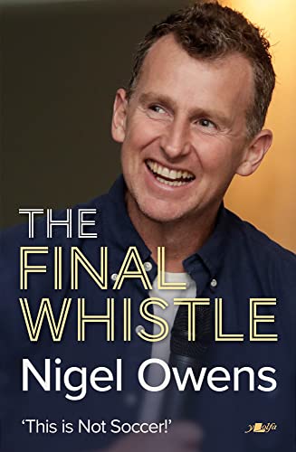 Close-up of Nigel Owens smiling, book cover with title "The Final Whistle".