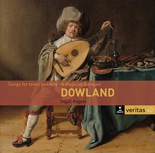 "CD cover featuring a man playing lute, with text overlay and logos."