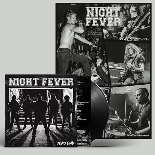 Black and white vinyl record with band photos and concert imagery.