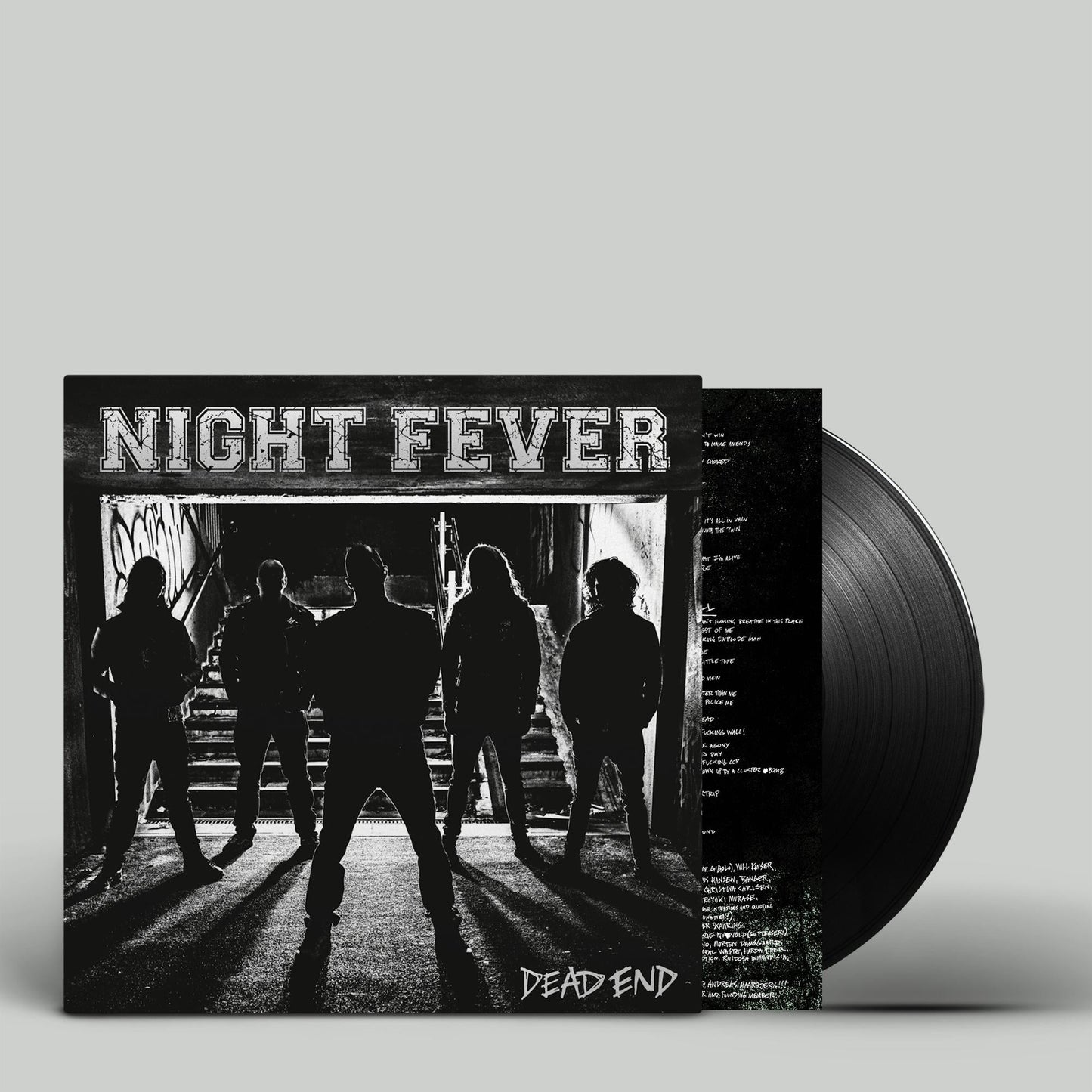 Vinyl record cover featuring five silhouettes standing in a dark, graffiti-covered tunnel entrance.