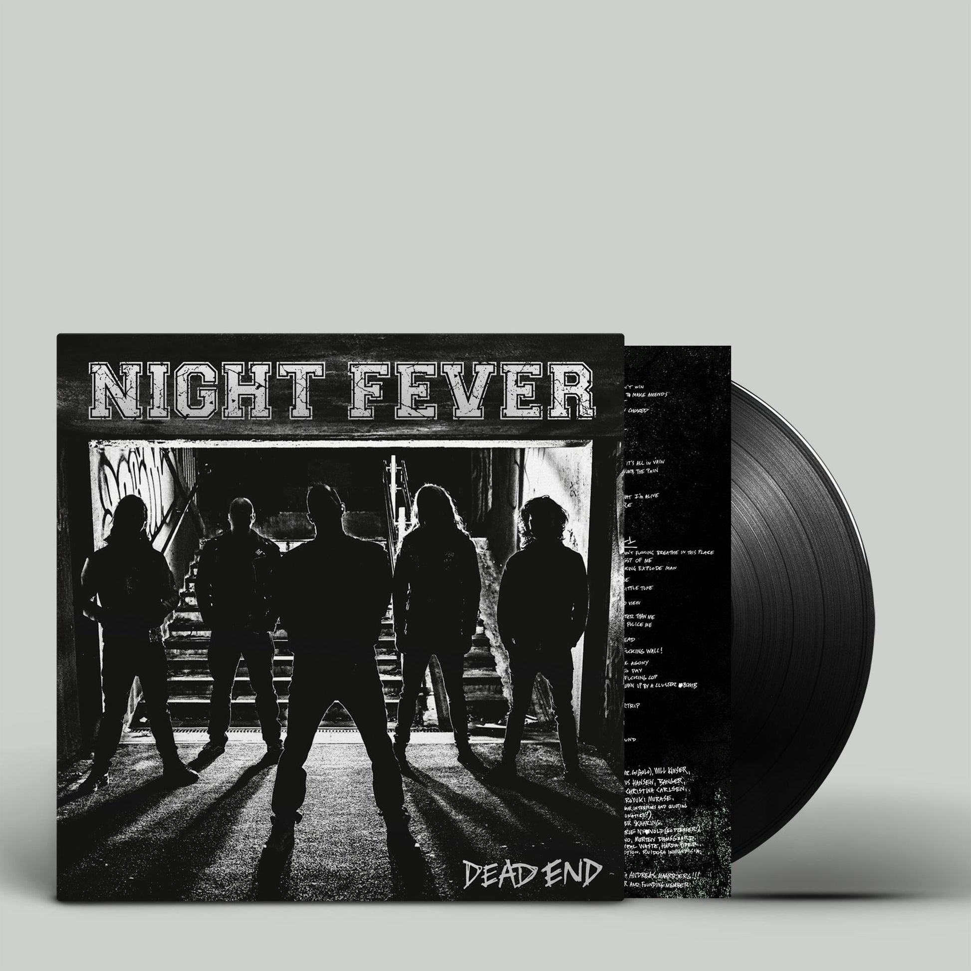 Vinyl record cover featuring five silhouettes standing in a dark, graffiti-covered tunnel entrance.