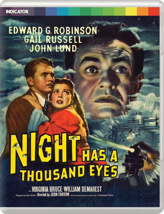 "Blu-ray case cover with a 1948 film poster featuring a man, woman, and giant face."