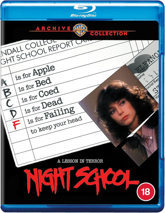 Blu-ray cover for Night School featuring a report card and a woman's portrait.