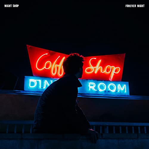 Silhouetted figure sits below a brightly lit "Coffee Shop DINING ROOM" neon sign.