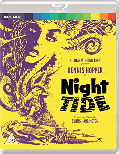Night Tide Blu-ray cover featuring purple illustrations of a woman, tentacles, and a mermaid.