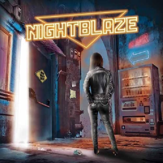 CD cover with a woman facing a glowing doorway in a city alley.