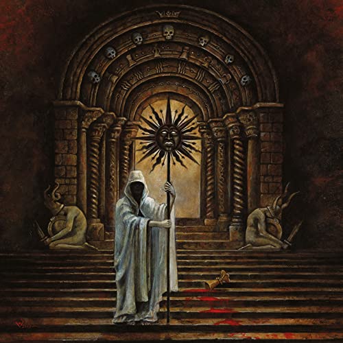 Hooded figure before a stone archway with sun and skull details.