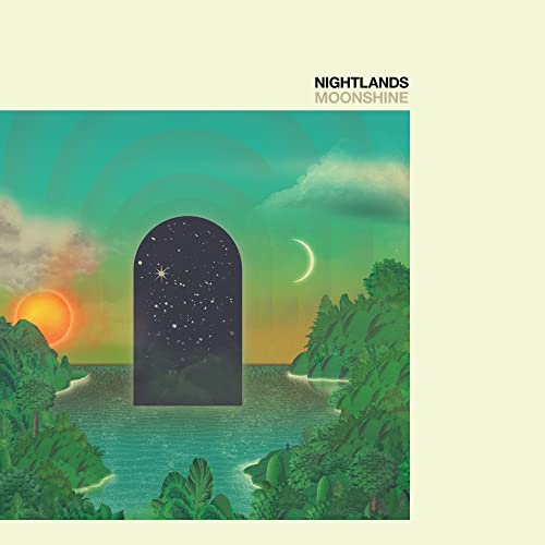 Nightlands "Moonshine" vinyl cover: landscape with archway, sun, moon, and stars.