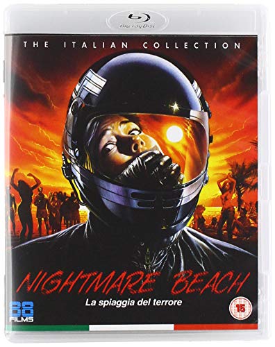 Blu-ray cover for "Nightmare Beach" featuring a person in a motorcycle helmet.