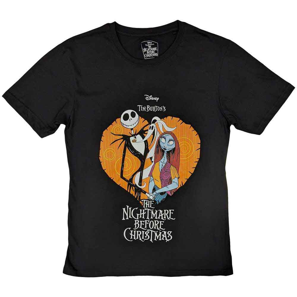 Black t-shirt featuring Jack and Sally from The Nightmare Before Christmas.
