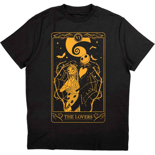 Black t-shirt with a golden illustration of Jack and Sally from The Nightmare Before Christmas.
