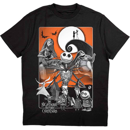 Black t-shirt featuring characters from "The Nightmare Before Christmas" with an orange moon.