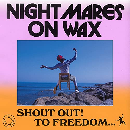 Album cover with a man sitting on a chair atop a rocky coastlineL coastline.
