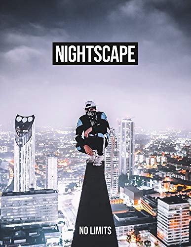 Person in a mask sits on a skyscraper overlooking a city at night.