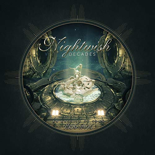 "Nightwish Decades CD cover featuring a gold, ornate fountain with statues against a dark background."