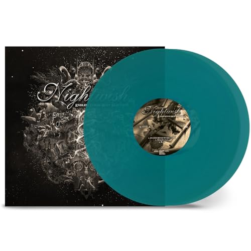 Nightwish album cover art next to a translucent teal vinyl record.