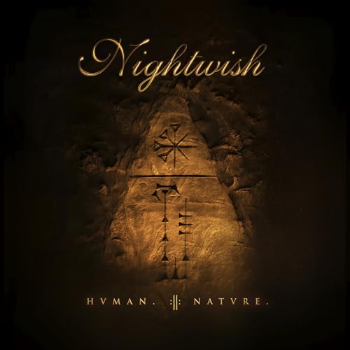 Nightwish album cover with gold text and cuneiform symbols on a textured dark background.