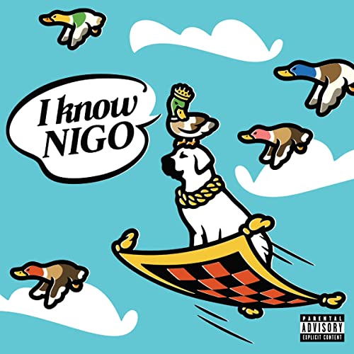 Cartoon figure riding a magic carpet with flying ducks, blue sky.